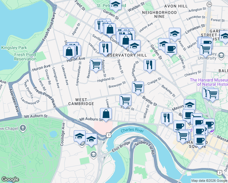 map of restaurants, bars, coffee shops, grocery stores, and more near 153 Brattle Street in Cambridge