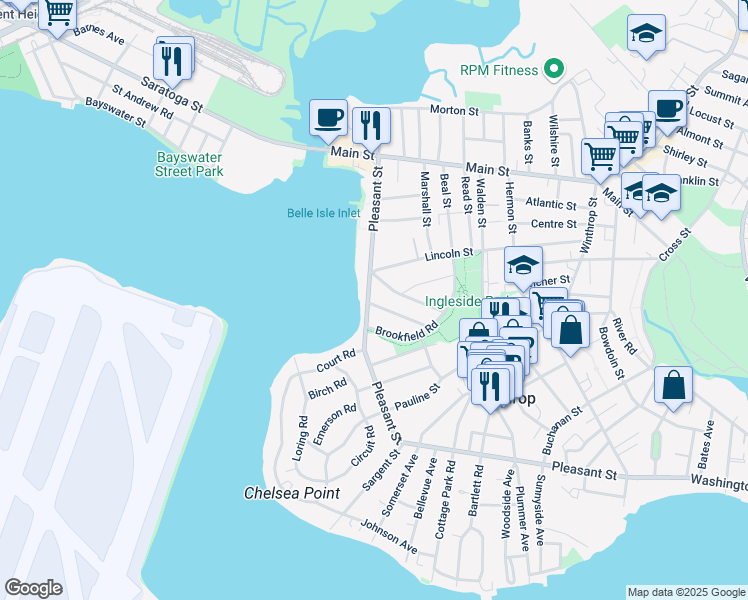 map of restaurants, bars, coffee shops, grocery stores, and more near 46 Edgehill Road in Winthrop