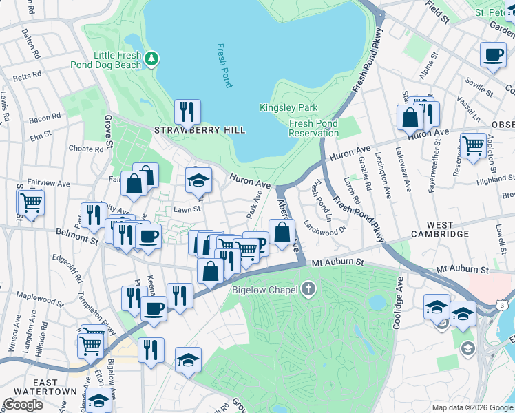 map of restaurants, bars, coffee shops, grocery stores, and more near in Cambridge