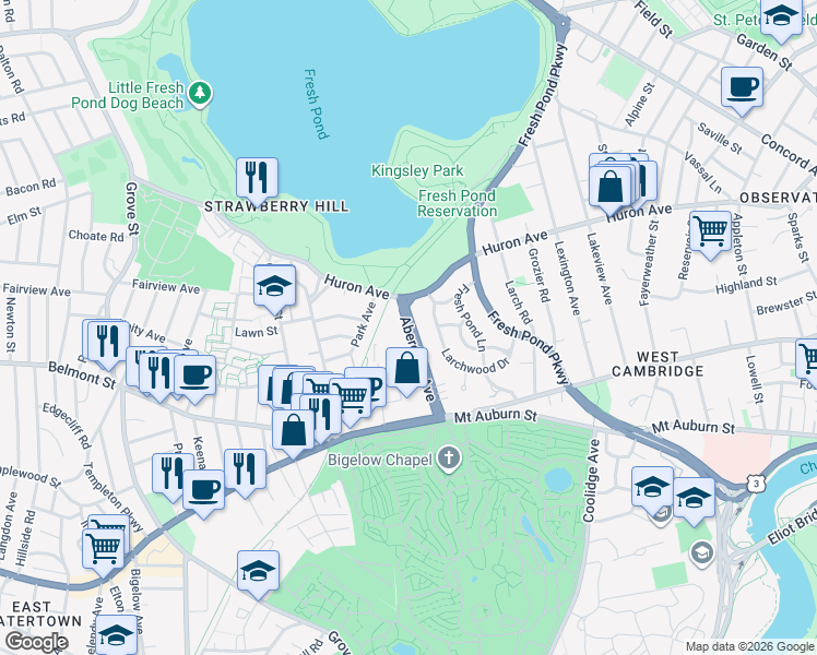 map of restaurants, bars, coffee shops, grocery stores, and more near 99 Aberdeen Avenue in Cambridge