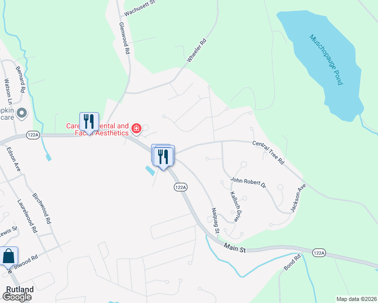 map of restaurants, bars, coffee shops, grocery stores, and more near 11 Central Tree Road in Rutland