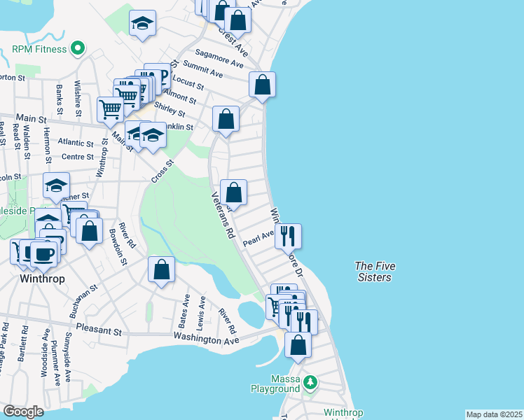 map of restaurants, bars, coffee shops, grocery stores, and more near 162 Winthrop Shore Drive in Winthrop