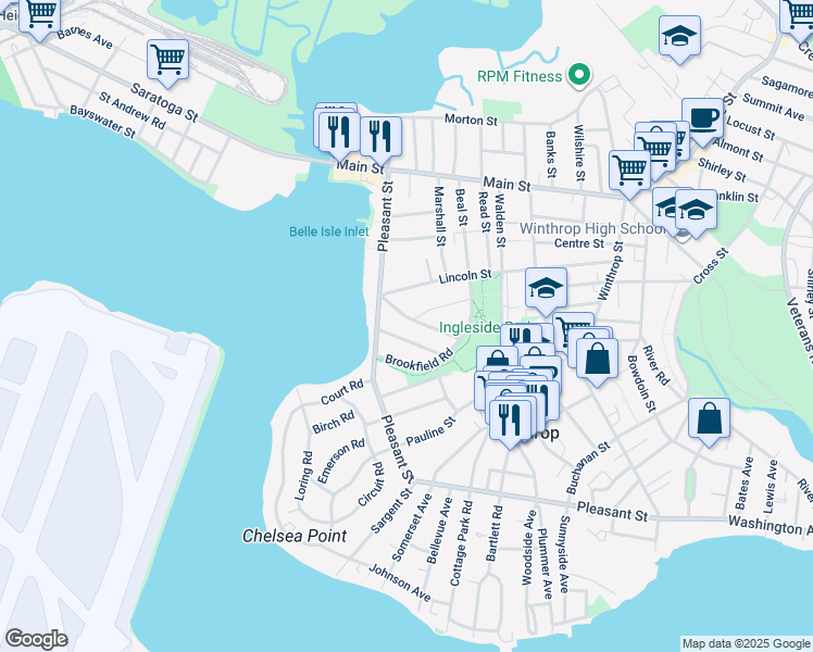 map of restaurants, bars, coffee shops, grocery stores, and more near 51 Ingleside Avenue in Winthrop