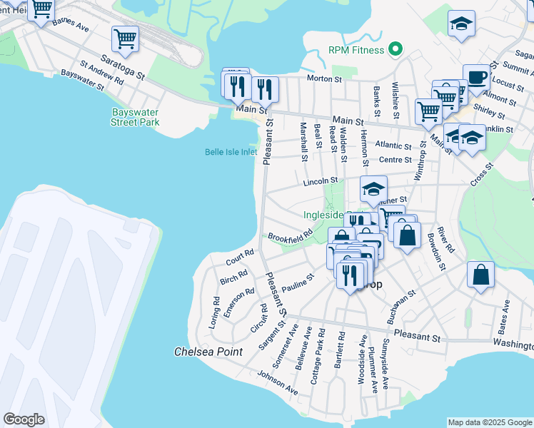 map of restaurants, bars, coffee shops, grocery stores, and more near 46 Edgehill Road in Winthrop