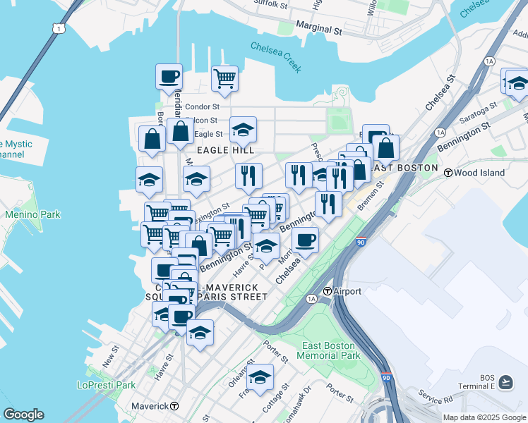 map of restaurants, bars, coffee shops, grocery stores, and more near 143 Princeton Street in Boston