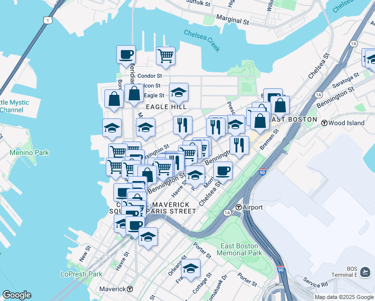 map of restaurants, bars, coffee shops, grocery stores, and more near 143 Princeton Street in Boston