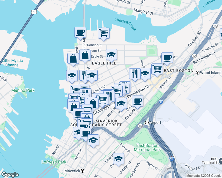 map of restaurants, bars, coffee shops, grocery stores, and more near 129 Lexington Street in Boston
