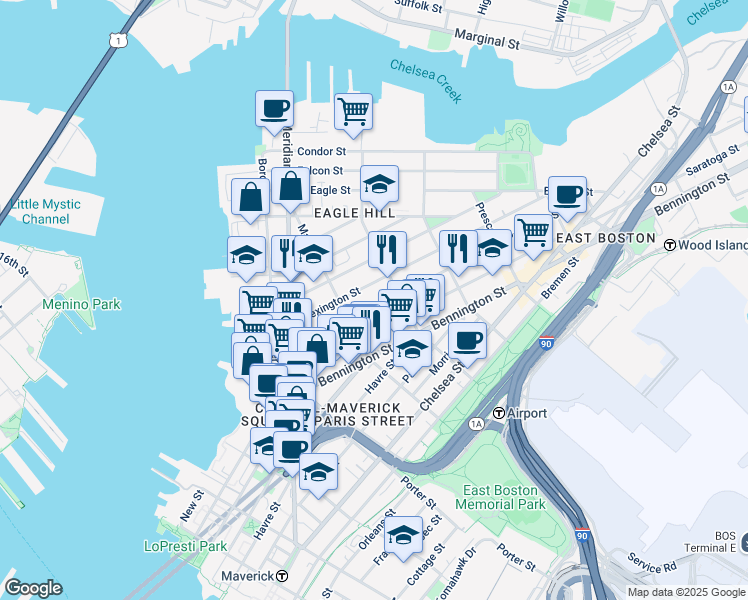map of restaurants, bars, coffee shops, grocery stores, and more near 129 Lexington Street in Boston