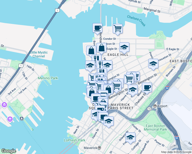 map of restaurants, bars, coffee shops, grocery stores, and more near 282 Border Street in Boston