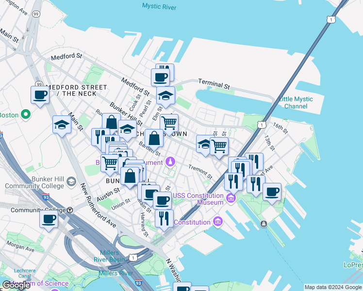 map of restaurants, bars, coffee shops, grocery stores, and more near in Boston
