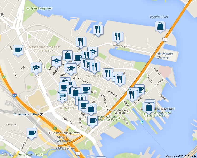 map of restaurants, bars, coffee shops, grocery stores, and more near in Boston