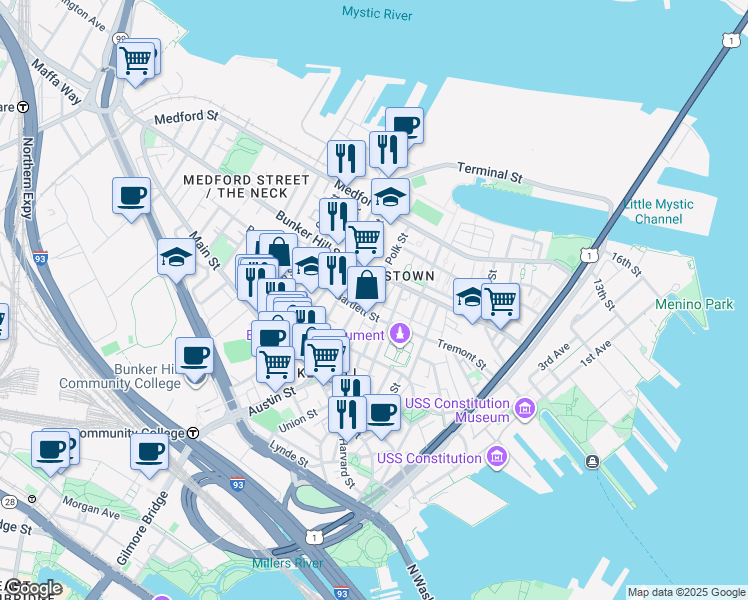 map of restaurants, bars, coffee shops, grocery stores, and more near 65 Green Street in Boston