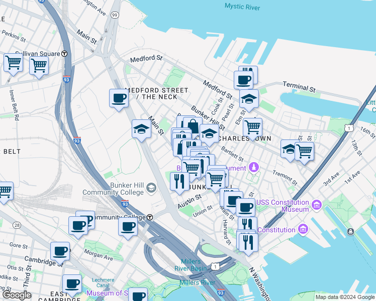 map of restaurants, bars, coffee shops, grocery stores, and more near 14 Sullivan Street in Boston