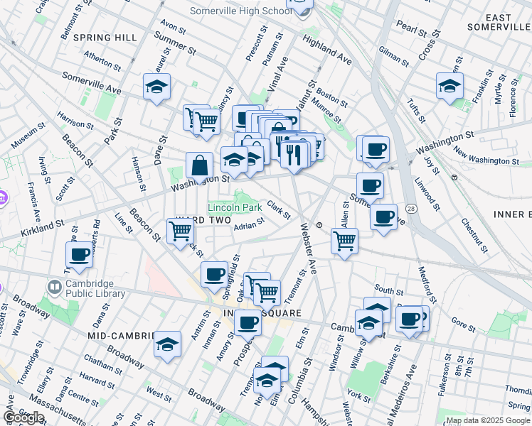map of restaurants, bars, coffee shops, grocery stores, and more near 16 Lincoln Parkway in Somerville