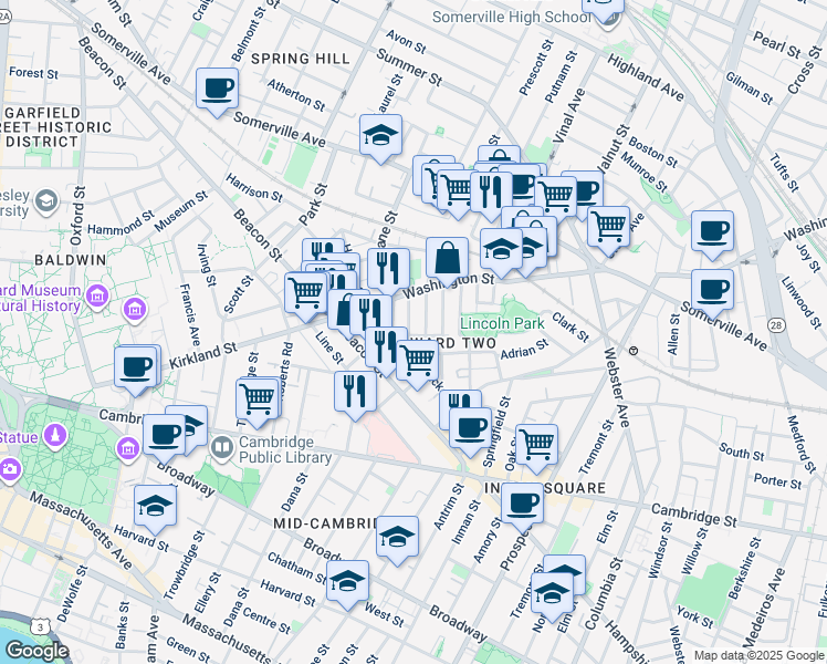 map of restaurants, bars, coffee shops, grocery stores, and more near 35 Rose Street in Somerville