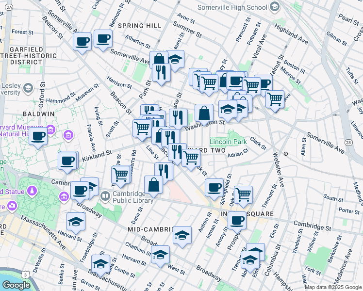 map of restaurants, bars, coffee shops, grocery stores, and more near 24 Beacon Place in Somerville