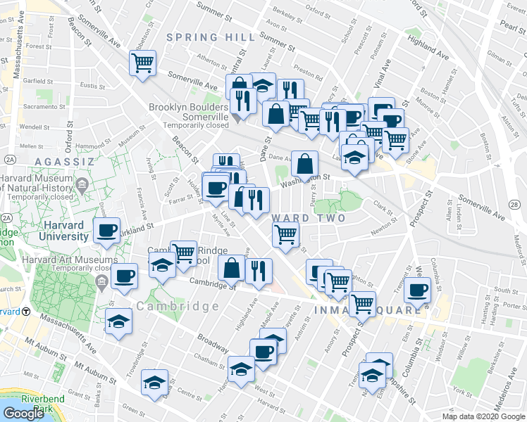 map of restaurants, bars, coffee shops, grocery stores, and more near 24 Beacon Place in Somerville