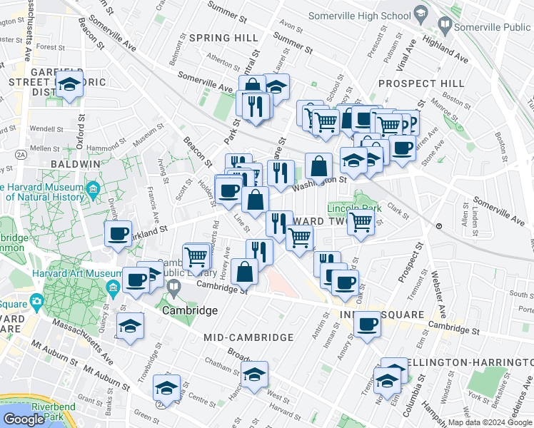 map of restaurants, bars, coffee shops, grocery stores, and more near 24 Beacon Place in Somerville