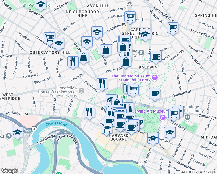 map of restaurants, bars, coffee shops, grocery stores, and more near 5 Concord Avenue in Cambridge