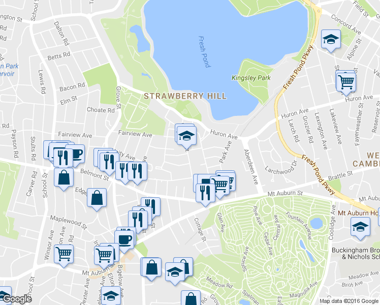 map of restaurants, bars, coffee shops, grocery stores, and more near 110 Cushing Street in Cambridge