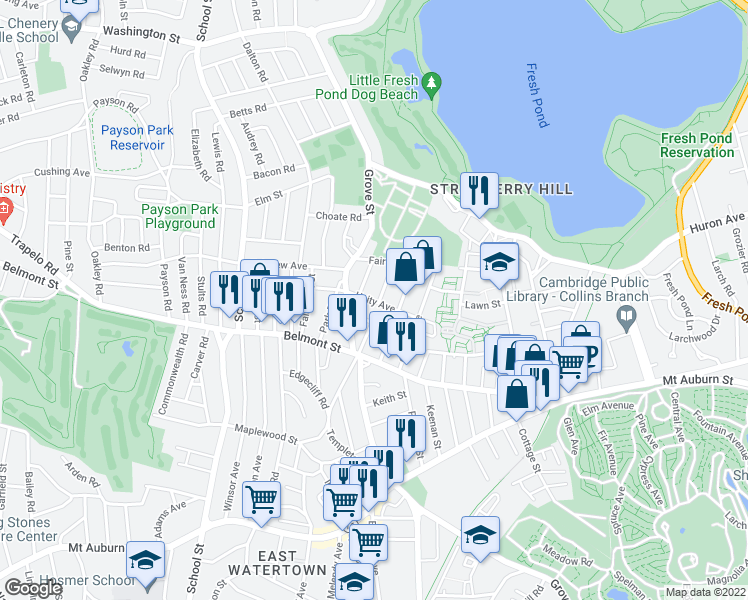 map of restaurants, bars, coffee shops, grocery stores, and more near 53 Dartmouth Street in Belmont
