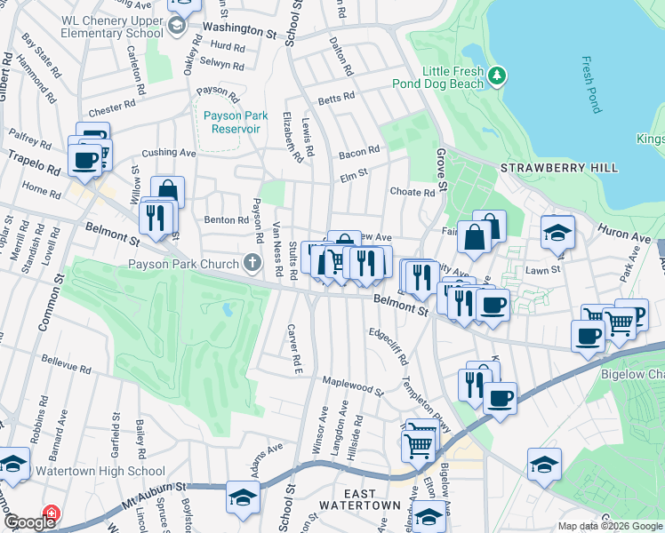 map of restaurants, bars, coffee shops, grocery stores, and more near 36-38 Newton Street in Belmont