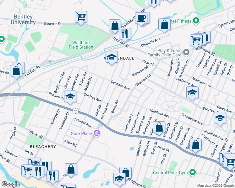 map of restaurants, bars, coffee shops, grocery stores, and more near 93 Barbara Road in Waltham