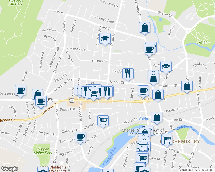 map of restaurants, bars, coffee shops, grocery stores, and more near 47b Bacon Street in Waltham