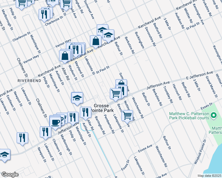 map of restaurants, bars, coffee shops, grocery stores, and more near 1029 Beaconsfield Avenue in Grosse Pointe Park