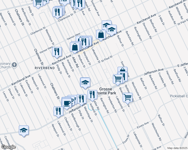 map of restaurants, bars, coffee shops, grocery stores, and more near 1051 Maryland Street in Grosse Pointe Park