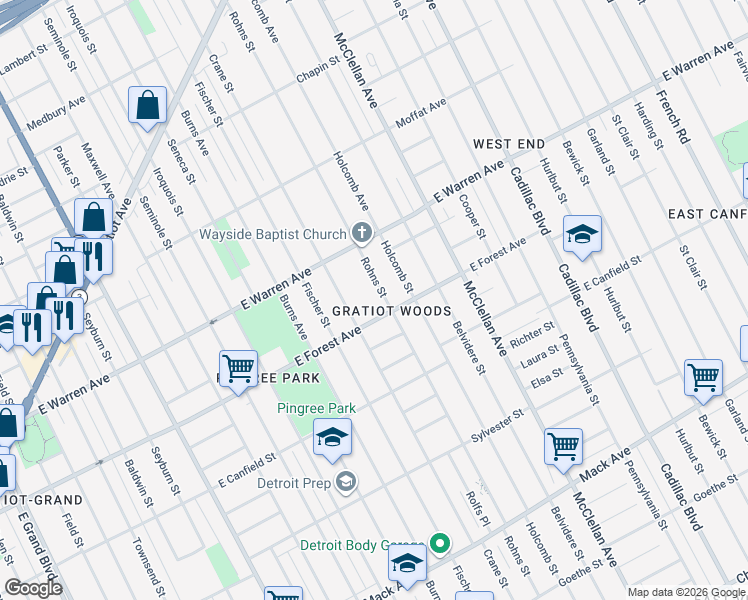map of restaurants, bars, coffee shops, grocery stores, and more near 4729 Rohns Street in Detroit