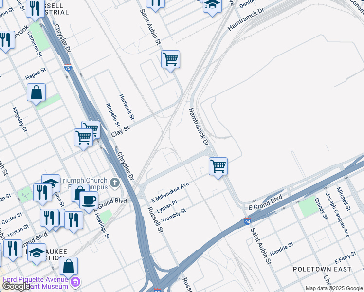 map of restaurants, bars, coffee shops, grocery stores, and more near 7401 Saint Aubin Street in Detroit