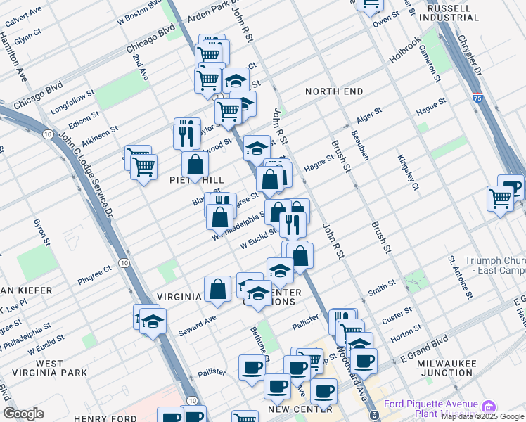map of restaurants, bars, coffee shops, grocery stores, and more near 86 West Philadelphia Street in Detroit