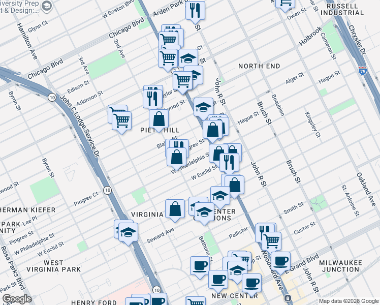 map of restaurants, bars, coffee shops, grocery stores, and more near 87 Pingree Street in Detroit
