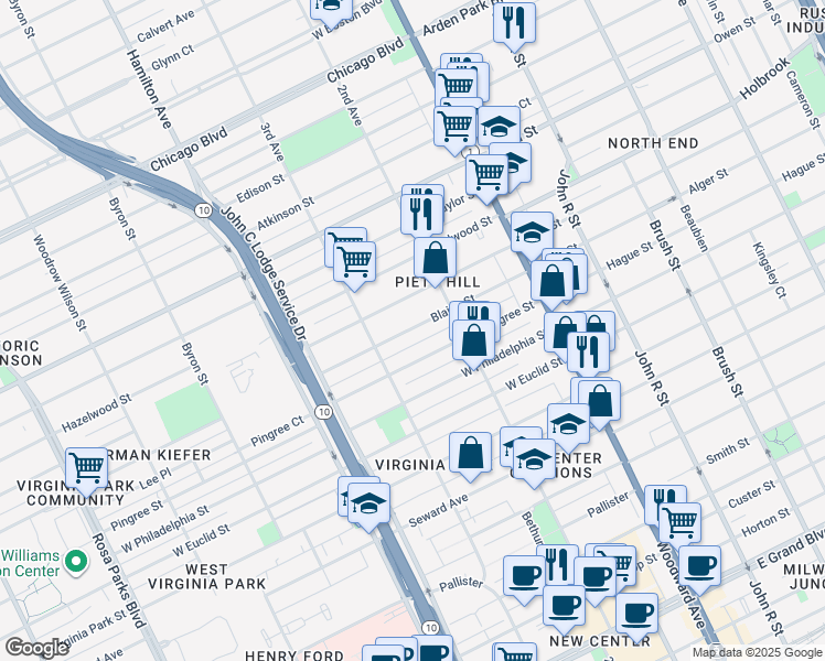 map of restaurants, bars, coffee shops, grocery stores, and more near 657 Blaine Street in Detroit