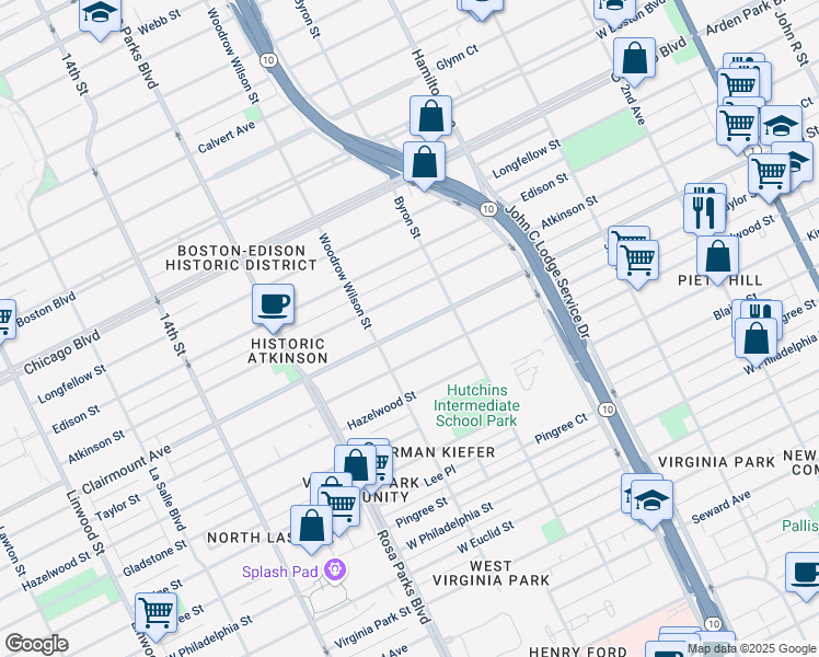 map of restaurants, bars, coffee shops, grocery stores, and more near 1500 Clairmount Avenue in Detroit