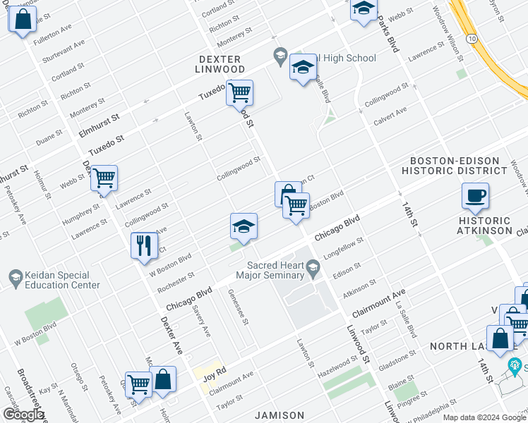 map of restaurants, bars, coffee shops, grocery stores, and more near 2690 West Boston Boulevard in Detroit
