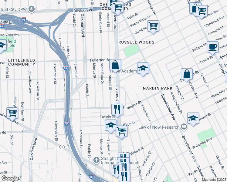 map of restaurants, bars, coffee shops, grocery stores, and more near 12129 Stoepel Street in Detroit