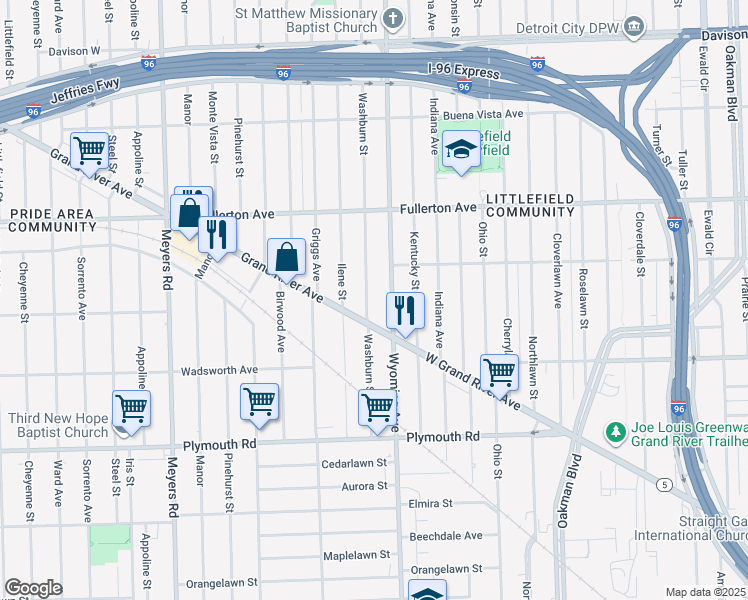 map of restaurants, bars, coffee shops, grocery stores, and more near 12153 Washburn Street in Detroit