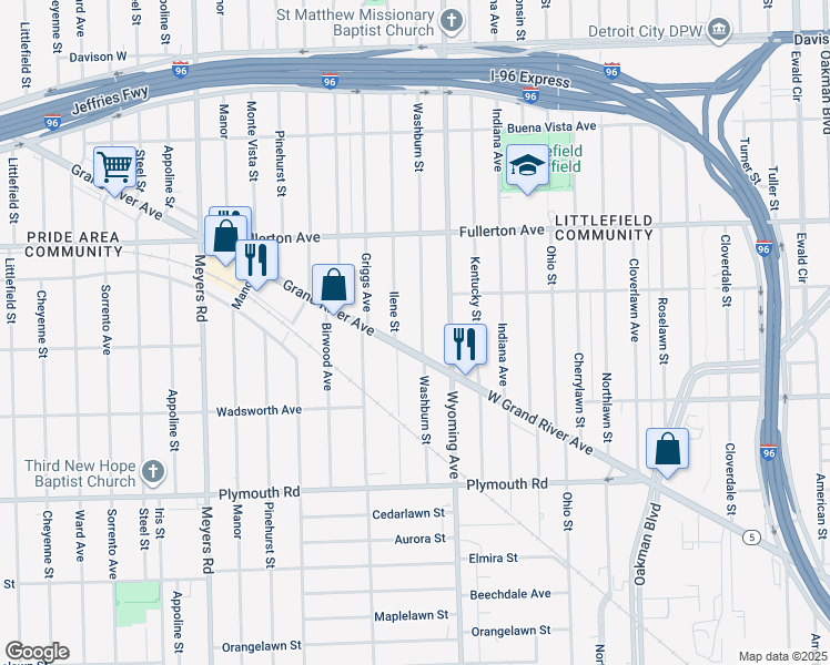 map of restaurants, bars, coffee shops, grocery stores, and more near 12153 Washburn Street in Detroit