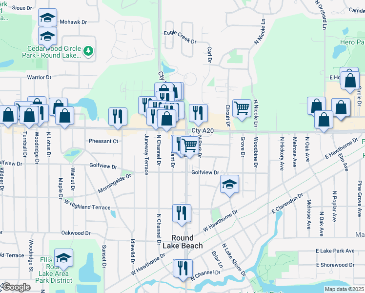 map of restaurants, bars, coffee shops, grocery stores, and more near 1619 North Pleasant Drive in Round Lake Beach