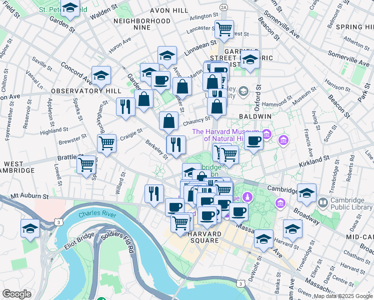 map of restaurants, bars, coffee shops, grocery stores, and more near 5 Concord Avenue in Cambridge