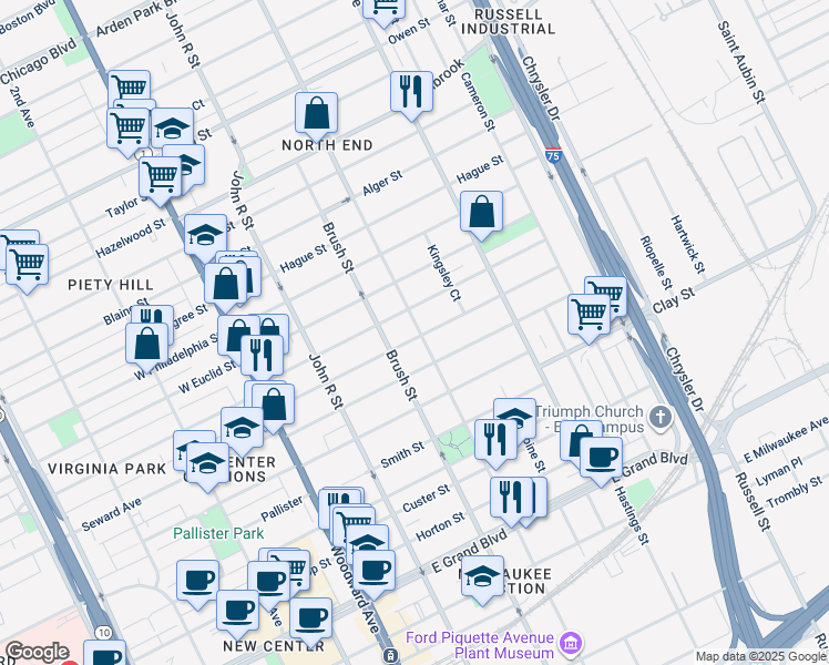 map of restaurants, bars, coffee shops, grocery stores, and more near 451 Mount Vernon Street in Detroit