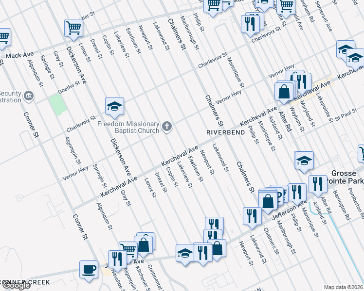 map of restaurants, bars, coffee shops, grocery stores, and more near 2135 Eastlawn Street in Detroit