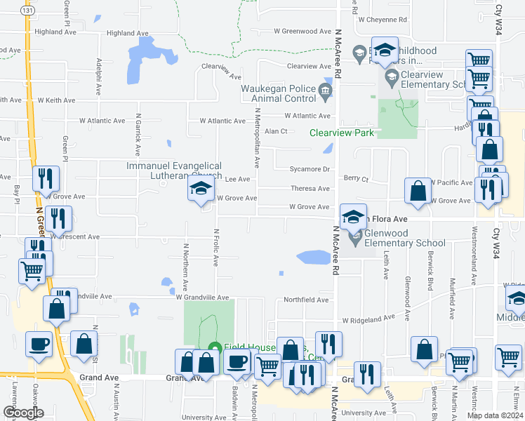 map of restaurants, bars, coffee shops, grocery stores, and more near 2737 West Grove Avenue in Waukegan