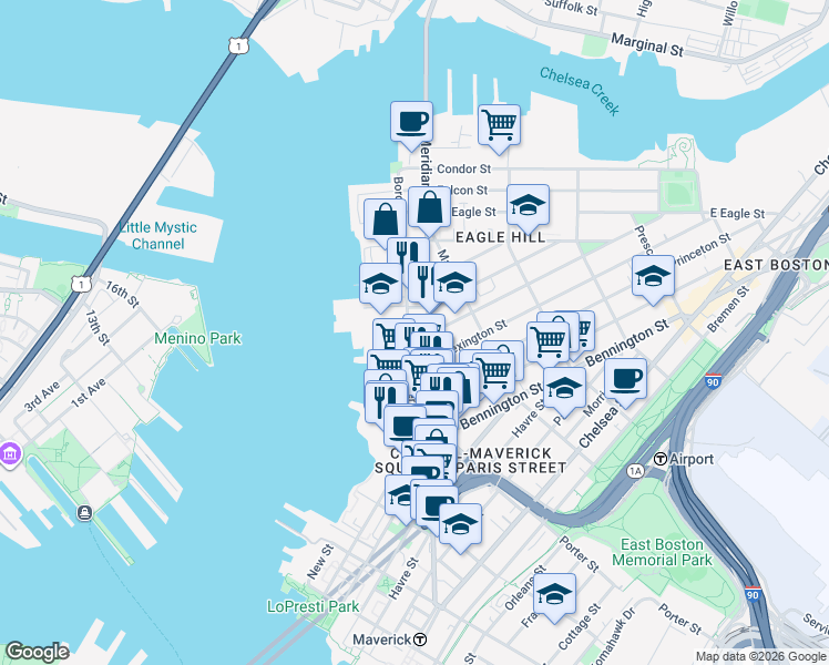 map of restaurants, bars, coffee shops, grocery stores, and more near 307 Border Street in Boston