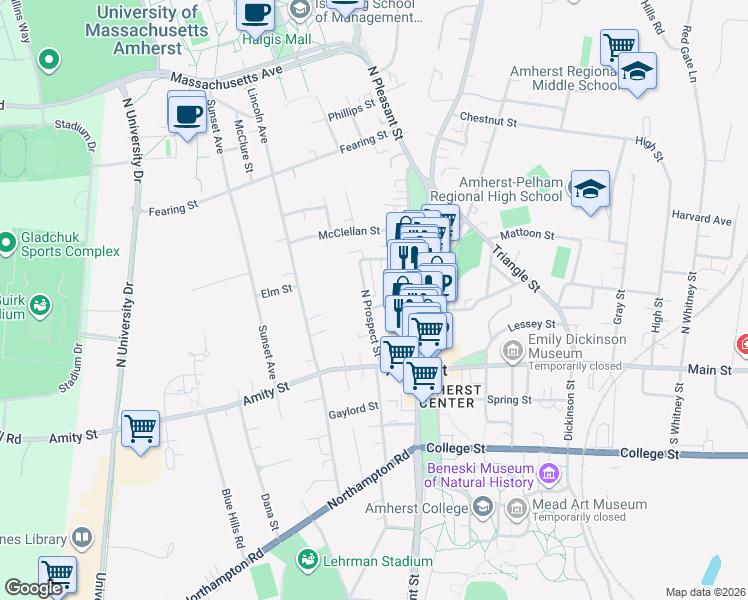 map of restaurants, bars, coffee shops, grocery stores, and more near 57 North Prospect Street in Amherst