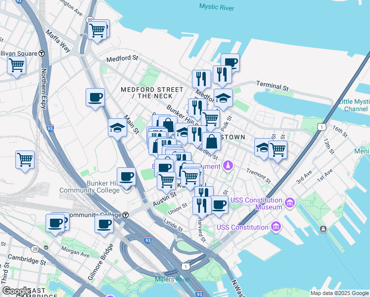 map of restaurants, bars, coffee shops, grocery stores, and more near 50 School Street in Boston