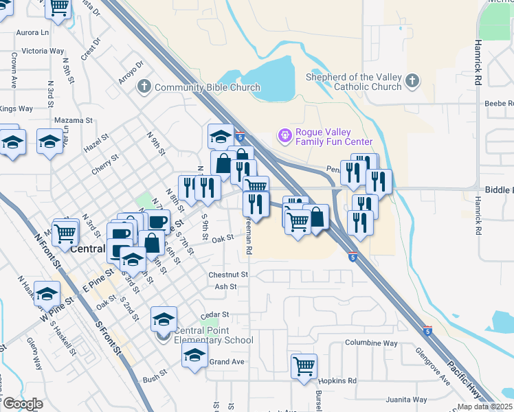 map of restaurants, bars, coffee shops, grocery stores, and more near 81 Freeman Road in Central Point
