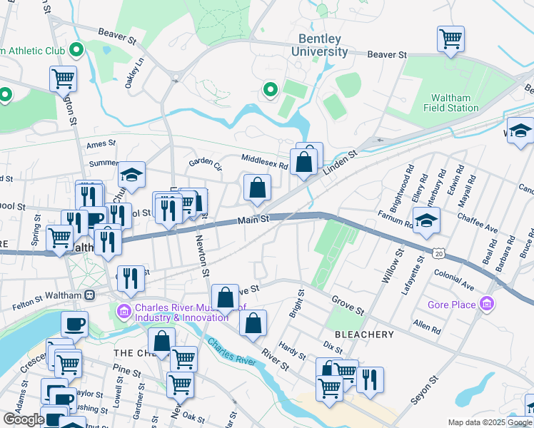 map of restaurants, bars, coffee shops, grocery stores, and more near 375 Main Street in Waltham